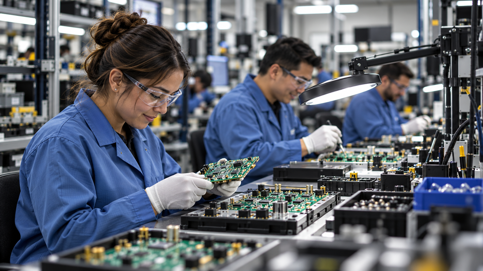 Illustrative electronics technicians working at assembly benches